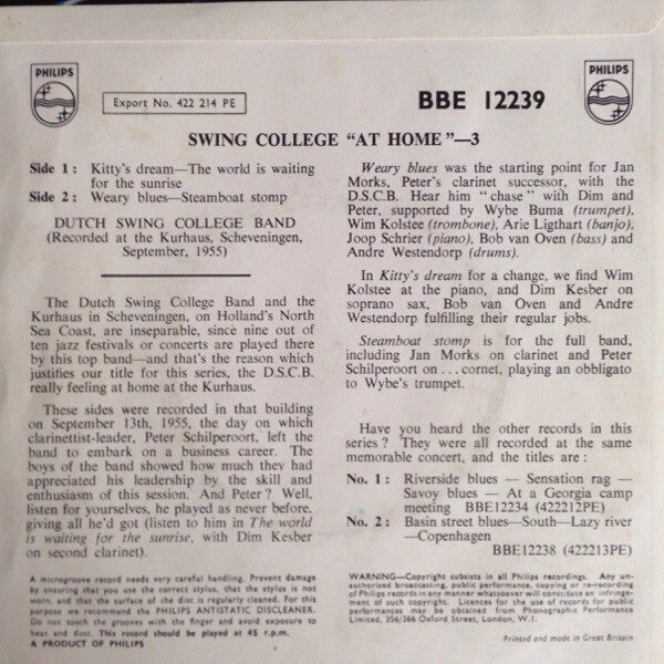 The Dutch Swing College Band : Swing College "At Home" 3 (7", EP)