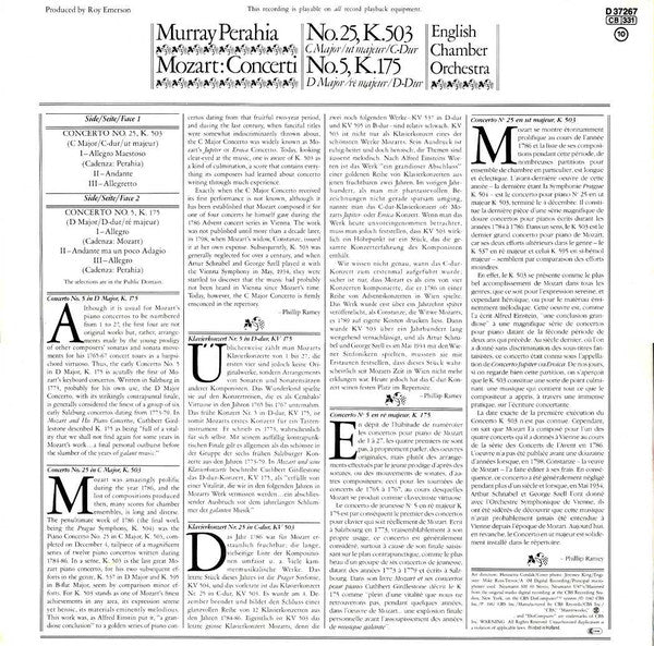 Wolfgang Amadeus Mozart, Murray Perahia, English Chamber Orchestra : Concerti No.25, K.503 / No.5, K.175 (LP)