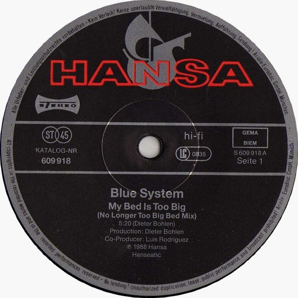 Blue System : My Bed Is Too Big (12", Maxi)