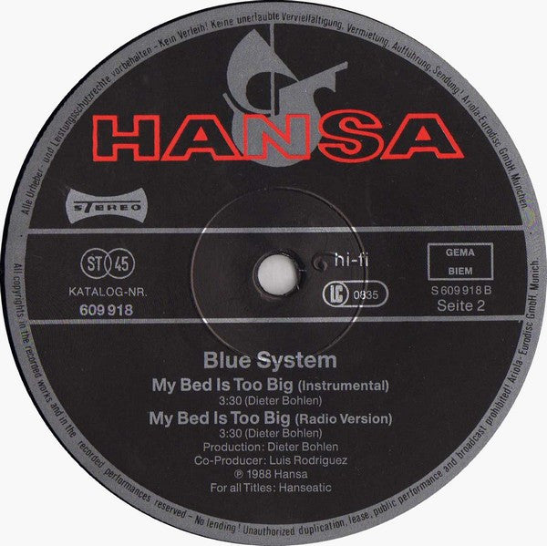 Blue System : My Bed Is Too Big (12", Maxi)