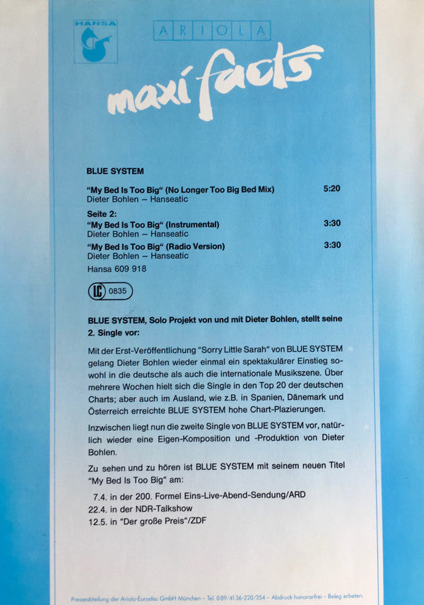 Blue System : My Bed Is Too Big (12", Maxi)