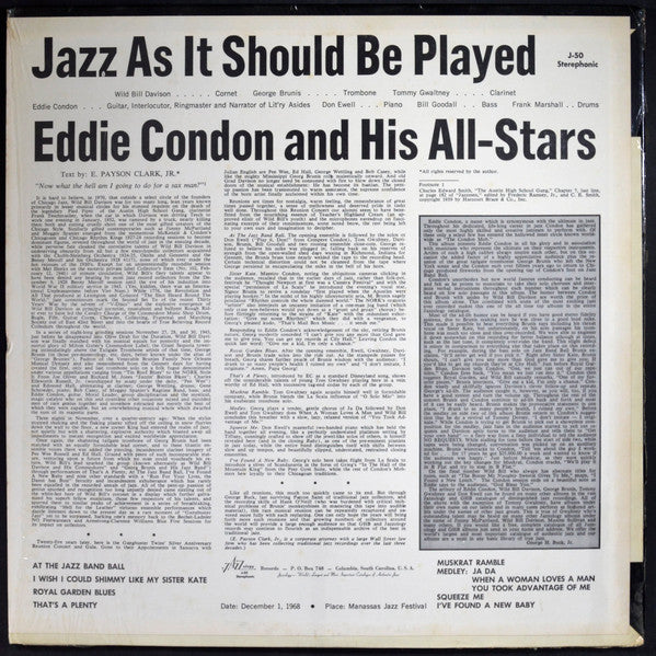 Eddie Condon And His All-Stars : Jazz As It  Should Be Played (LP, Album)