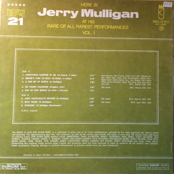 Gerry Mulligan : Here Is Jerry Mulligan At His Rare Of All Rarest Performances Vol. 1 (LP)