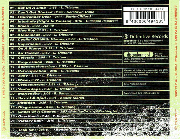 Lennie Tristano : Supersonic Portrait Of A Genius (CD, Comp)