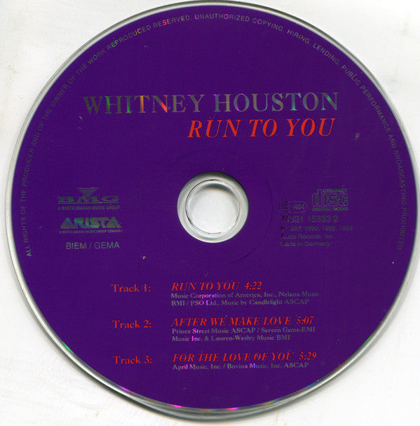 Whitney Houston : Run To You (CD, Single)