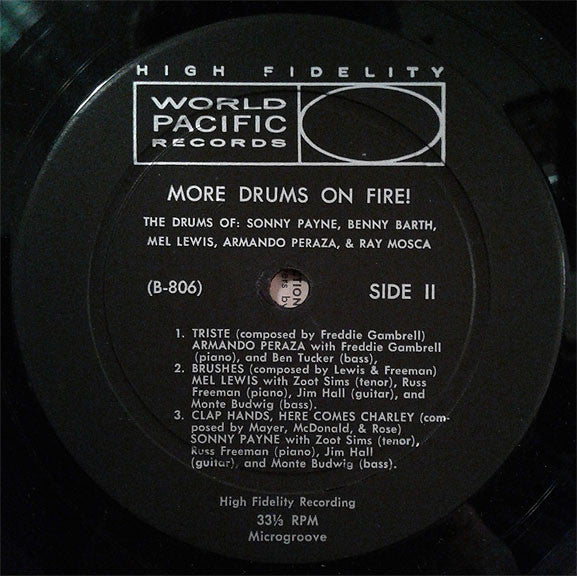 Various : More Drums On Fire: The Drums Of:  Sonny Payne, Benny Barth, Mel Lewis, Armando Peraza & Ray Mosca (LP)