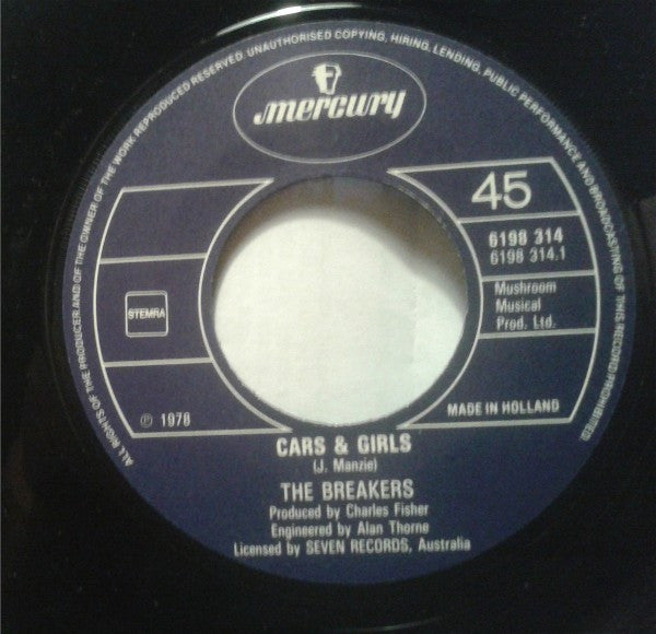 The Breakers (9) : Cars & Girls (7", Single)