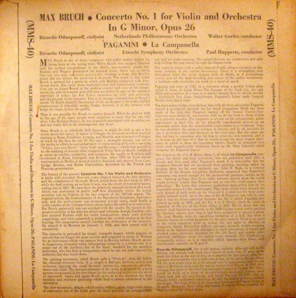 Nederlands Philharmonisch Orkest, Walter Goehr , Conductor - Utrechts Stedelijk Orkest ,  Paul Hupperts , Conductor - Violinist,  Ricardo Odnoposoff : Bruch - Violin Concerto No. 1 G Minor, Op. 26 -  Paganini - La Campanella (10", Mono)