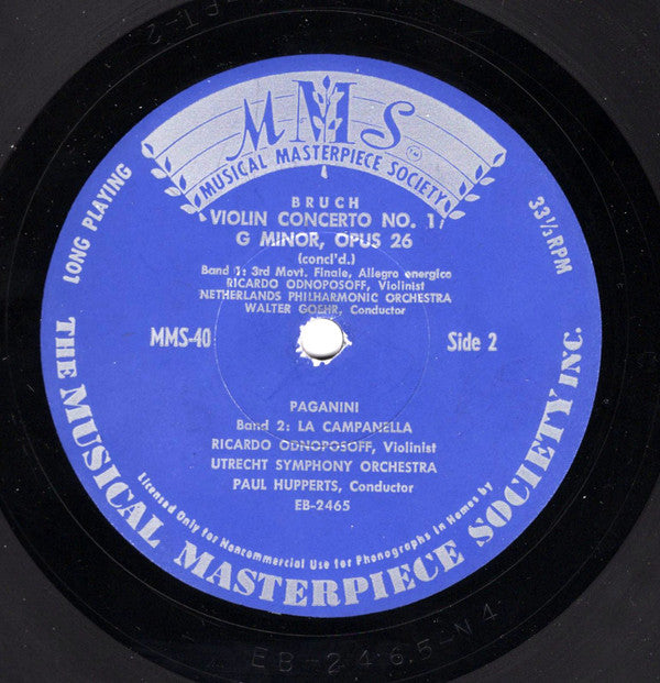 Nederlands Philharmonisch Orkest, Walter Goehr , Conductor - Utrechts Stedelijk Orkest ,  Paul Hupperts , Conductor - Violinist,  Ricardo Odnoposoff : Bruch - Violin Concerto No. 1 G Minor, Op. 26 -  Paganini - La Campanella (10", Mono)