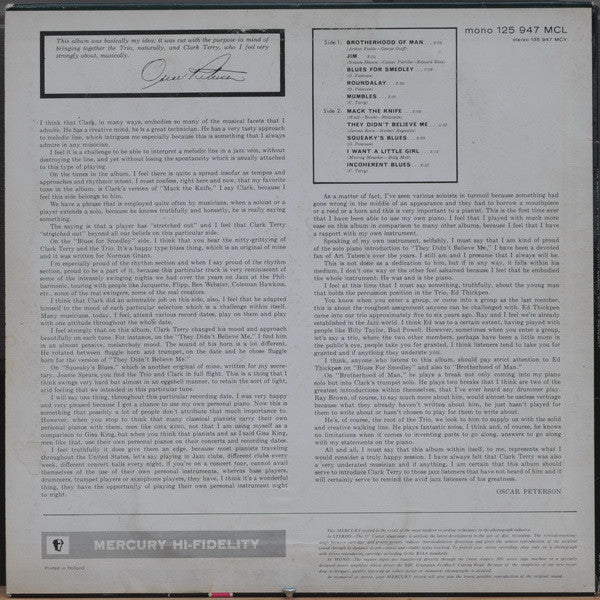 The Oscar Peterson Trio With Clark Terry : The Oscar Peterson Trio With Clark Terry (LP, Album, Mono, RE)