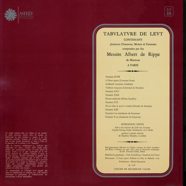 Albert De Rippe / Hopkinson Smith : Tabulature De Leut (LP, Album, Gat)