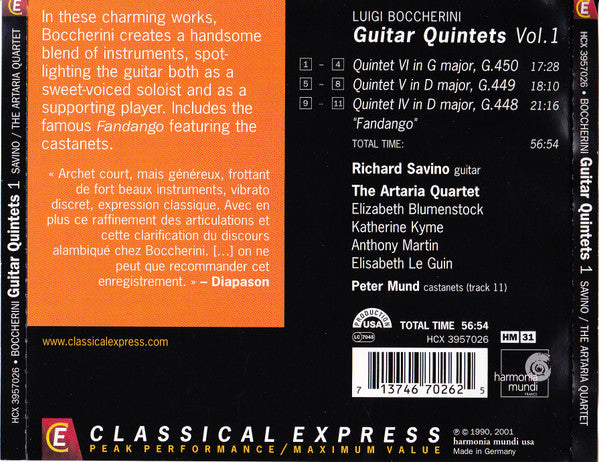 Luigi Boccherini, The Artaria Quartet / Richard Savino : Guitar Quintets (Volume 1 / Quintets IV, V & VI For Strings & Guitar) (CD, Album, RE)