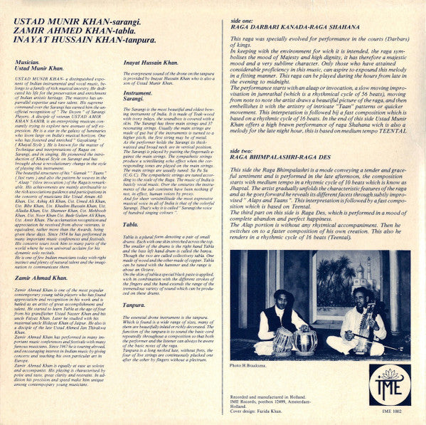 Ustad Munir Khan & Zamir Ahmad Khan : Raga Darbari Kanada - Raga Shahana / Raga Bhimpalashri - Raga Des (LP, Album)