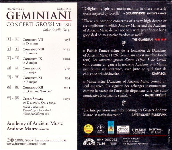 Francesco Geminiani - The Academy Of Ancient Music • Andrew Manze : Concerti Grossi VII-XII (After Corelli, Op. 5) - CD+Catalogue (CD, Cat)