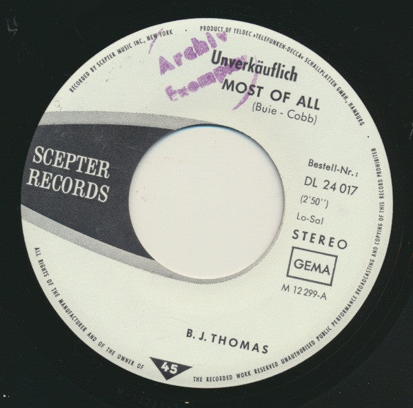 B.J. Thomas : Most Of All (7", Single, Promo)