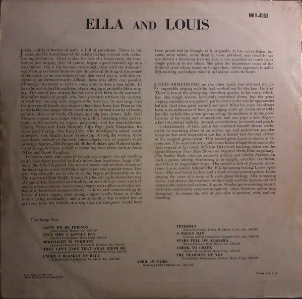 Ella Fitzgerald, Louis Armstrong : Ella And Louis (LP, Album, Mono)