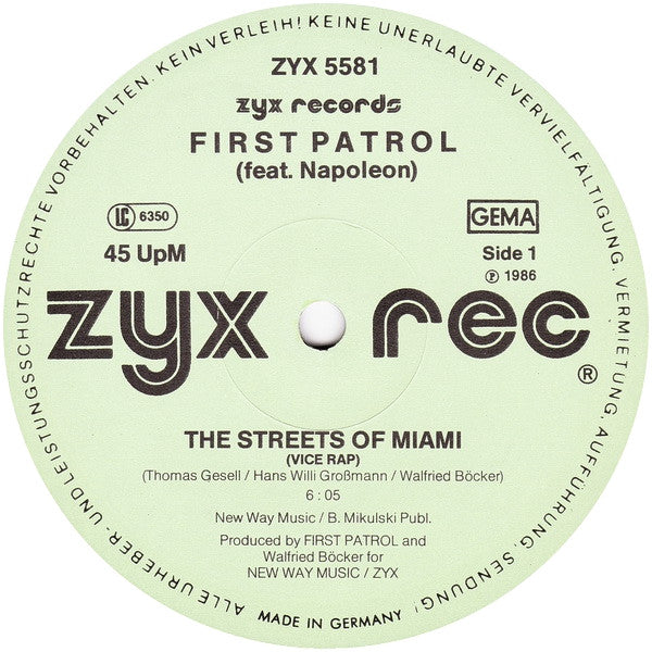 First Patrol Featuring Napoleon Hatten : The Streets Of Miami (Vice Rap) (12", Maxi)