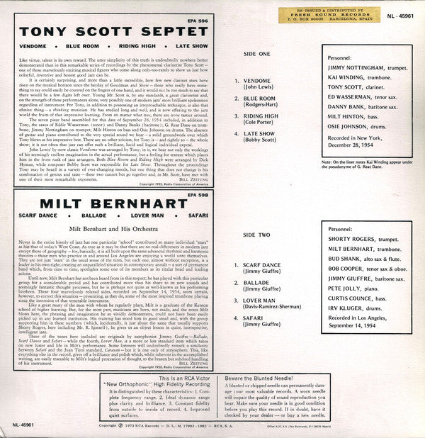 Tony Scott Septet / Milt Bernhart And His Orchestra : Untitled (LP, Comp, RE)
