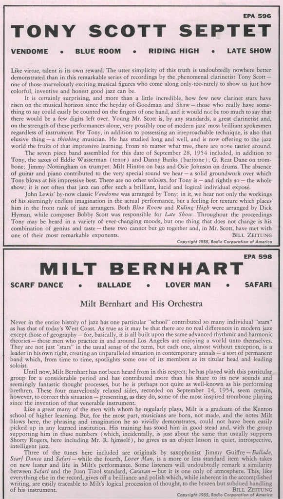 Tony Scott Septet / Milt Bernhart And His Orchestra : Untitled (LP, Comp, RE)