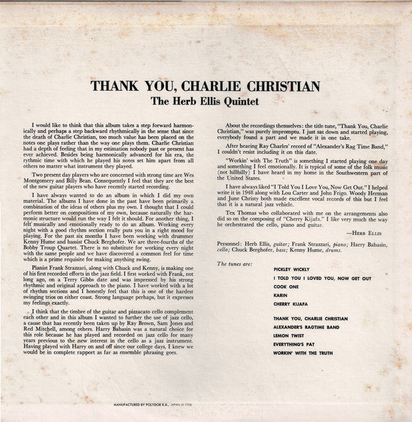 The Herb Ellis Quintet : Thank You, Charlie Christian (LP, Album, RE)