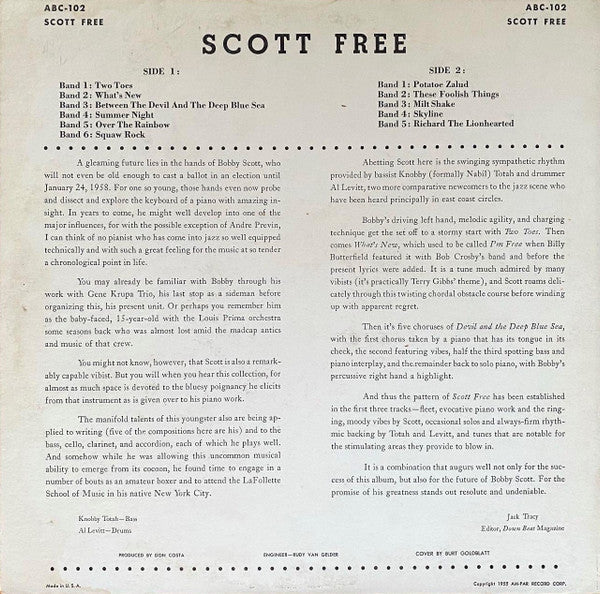 Bobby Scott : Scott Free (LP, Album, Mono)