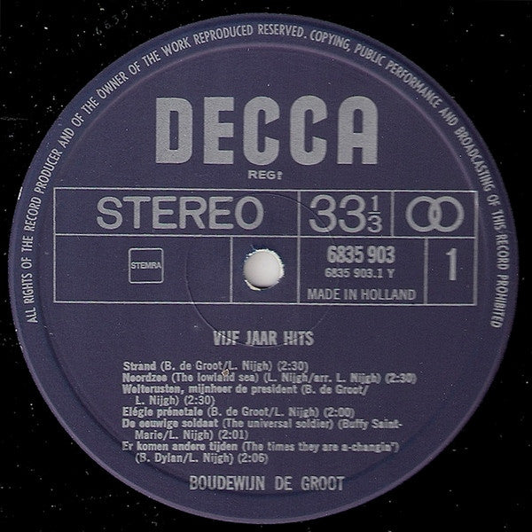 Boudewijn de Groot : Vijf Jaar Hits (2xLP, Comp, RE, Gat)