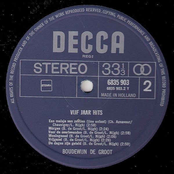 Boudewijn de Groot : Vijf Jaar Hits (2xLP, Comp, RE, Gat)