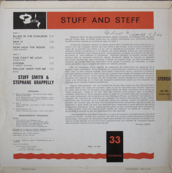 Stuff Smith & Stéphane Grappelli : Stuff And Steff (LP, Album)