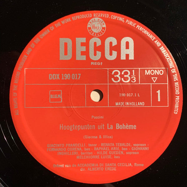 Giacomo Puccini - Renata Tebaldi / Giacinto Prandelli / Hilde Güden / Alberto Erede : La Bohème Hoogtepunten (LP, Album, Mono, Fli)