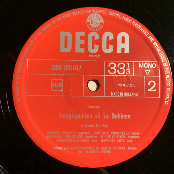 Giacomo Puccini - Renata Tebaldi / Giacinto Prandelli / Hilde Güden / Alberto Erede : La Bohème Hoogtepunten (LP, Album, Mono, Fli)