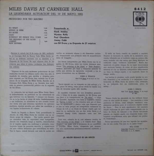 Miles Davis : Miles Davis At Carnegie Hall (LP, Album, Mon)