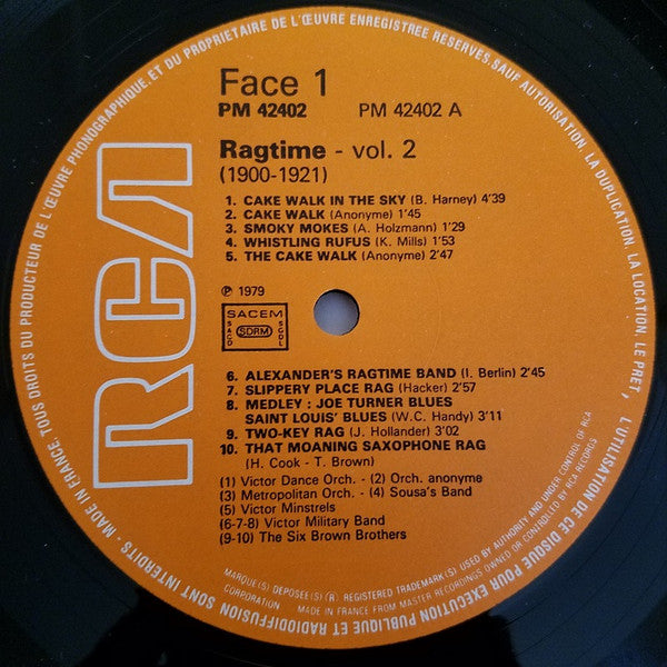 Various : Ragtime "Cake-Walks, Military Bands, Ragtime Orchestras, Coon Contests, Blues And Jazz" Volume 2 (1900-1921) (LP, Comp)