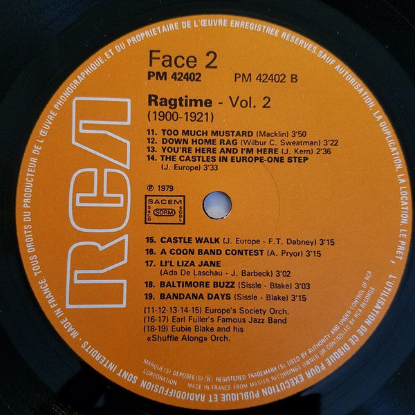 Various : Ragtime "Cake-Walks, Military Bands, Ragtime Orchestras, Coon Contests, Blues And Jazz" Volume 2 (1900-1921) (LP, Comp)