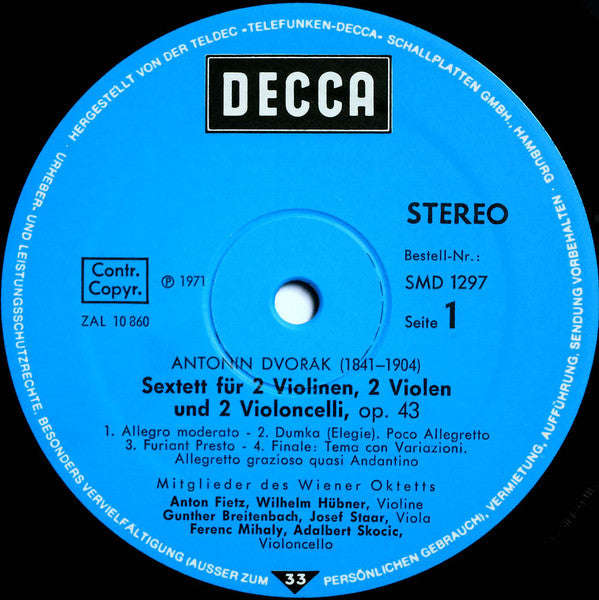 Antonín Dvořák, Mitglieder Des Wiener Oktetts : Streichsextett A-dur / Streichquintett Es-dur (LP)