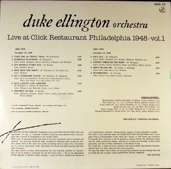 Duke Ellington And His Orchestra : Live At Click Restaurant Philadelphia 1948 - Vol. 1 (LP, Album, Mono)