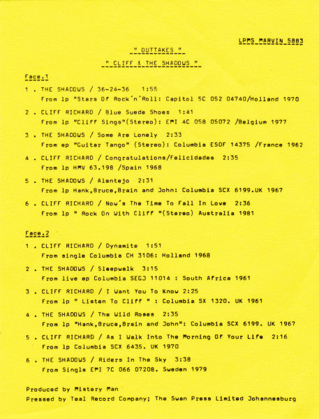 Cliff & The Shadows* : Outtakes (10", Comp, Pic, Unofficial)