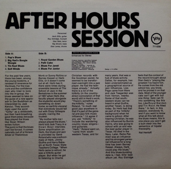 Herb Ellis, Roy Eldridge, Stan Getz, Ray Brown, Stan Levey : After Hours Session (LP, Album)