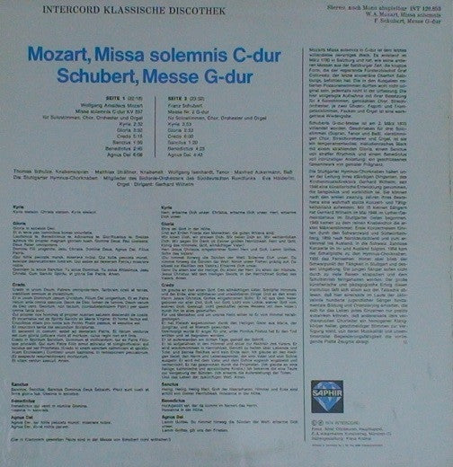 Wolfgang Amadeus Mozart / Franz Schubert, Stuttgarter Hymnus-Chorknaben, Sinfonie-Orchester Des Süddeutschen Rundfunks , Dirigent Gerhard Wilhelm : Missa Solemnis C-Dur KV 337 / Messe G-Dur (LP)
