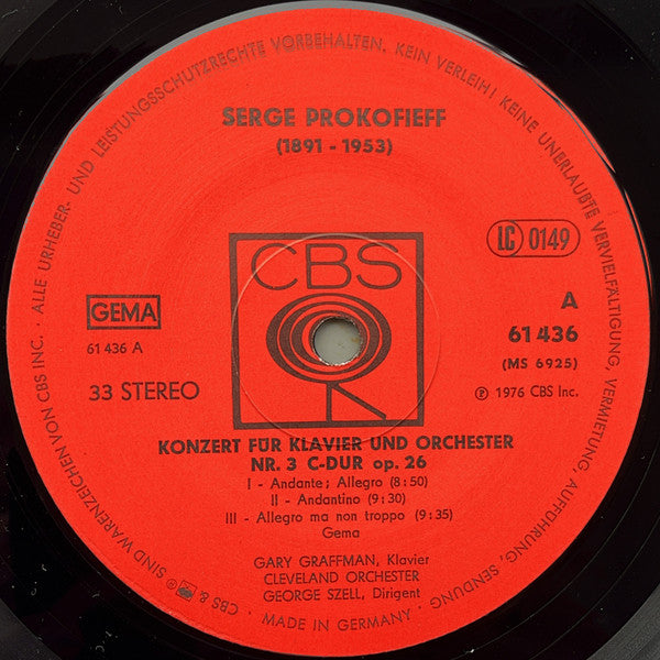 Sergei Prokofiev - Gary Graffman, George Szell, The Cleveland Orchestra : Konzerte Für Klavier Und Orchester Nr. 1 Des-Dur Op. 10 Und Nr. 3 A-Moll Op. 28 (LP)