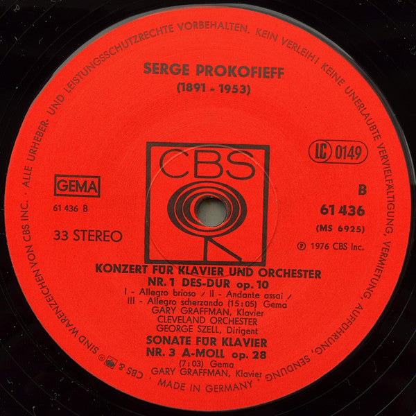 Sergei Prokofiev - Gary Graffman, George Szell, The Cleveland Orchestra : Konzerte Für Klavier Und Orchester Nr. 1 Des-Dur Op. 10 Und Nr. 3 A-Moll Op. 28 (LP)