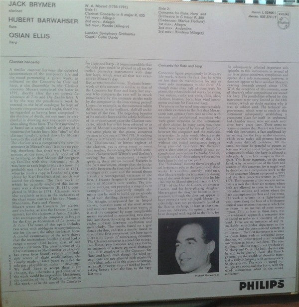 Wolfgang Amadeus Mozart : Jack Brymer, Hubert Barwahser, Osian Ellis And London Symphony Orchestra With Sir Colin Davis : Mozart Konzerte Für Klarinette / Für Flöte U. Harfe (LP, Album, Mono, Dlx, Gat)