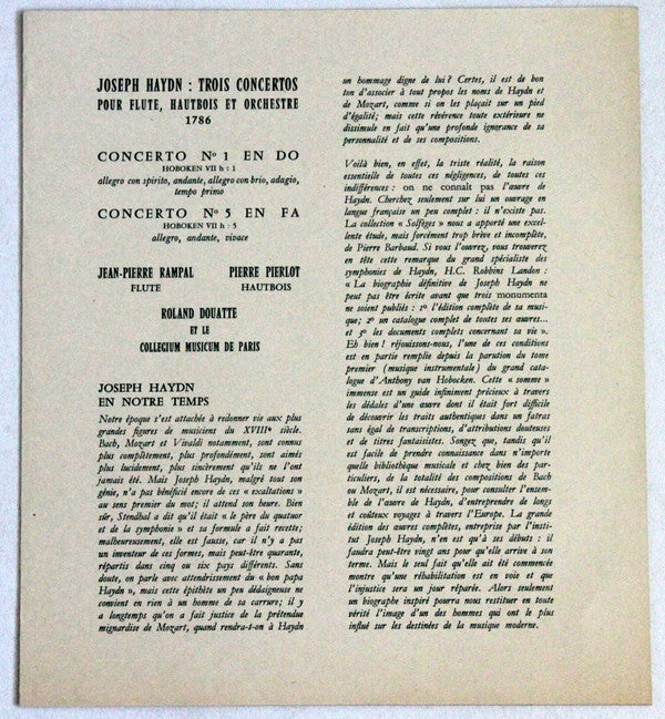 Joseph Haydn - Jean-Pierre Rampal, Pierre Pierlot, Collegium Musicum De Paris Direction Roland Douatte : Intégrale Des 5 Concertos Pour Flute, Hautbois Et Orchestre (Concertos Nos 1 Et 5 Volume 1) (LP, Album, Mono, Vel)