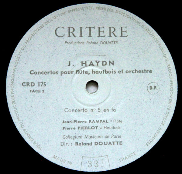 Joseph Haydn - Jean-Pierre Rampal, Pierre Pierlot, Collegium Musicum De Paris Direction Roland Douatte : Intégrale Des 5 Concertos Pour Flute, Hautbois Et Orchestre (Concertos Nos 1 Et 5 Volume 1) (LP, Album, Mono, Vel)