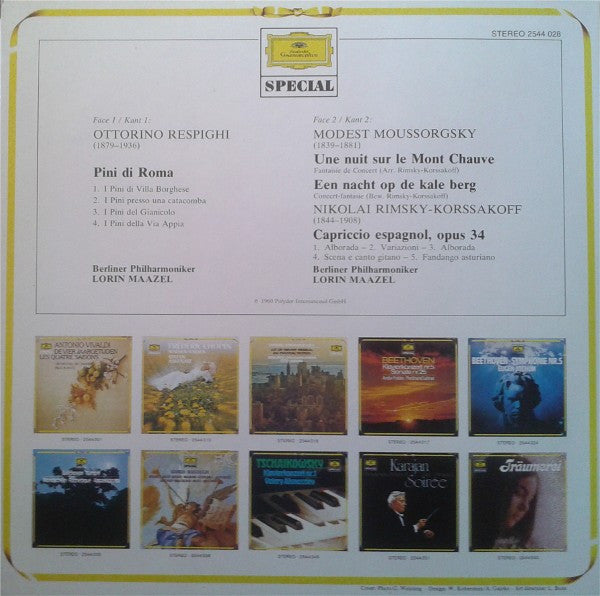 Ottorino Respighi, Modest Mussorgsky, Nikolai Rimsky-Korsakov Conductor Lorin Maazel : Pini Di Roma / Een Nacht Op De Kale Berg / Capriccio Espagnol (LP, RE)