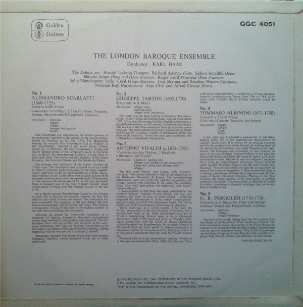 London Baroque Ensemble Conducted By Karl Haas Play Tomaso Albinoni, Giuseppe Tartini, Giovanni Battista Pergolesi, Antonio Vivaldi, Alessandro Scarlatti : Albinoni. Tartini. Pergolesi. Vivaldi. Scarlatti. (LP, RE)