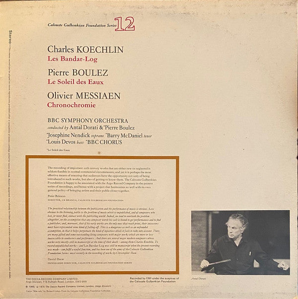 Olivier Messiaen / Pierre Boulez / Charles Koechlin : Chronochromie / Le Soleil Des Eaux /  Les Bandar-Log (LP, RE, Gat)