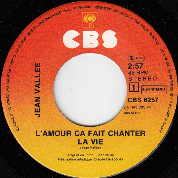 Jean Vallée : L'amour Ça Fait Chanter La Vie (7", Single)