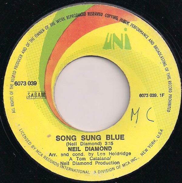 Neil Diamond : Song Sung Blue (7", Single)