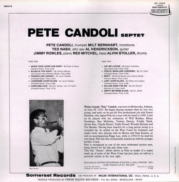 Pete Candoli Septet : Blues, When Your Lover Has Gone (LP, Album, RE)