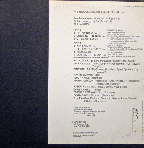 Sun Ra : The Heliocentric Worlds Of Sun Ra, Vol. I (LP, Album, Mono)